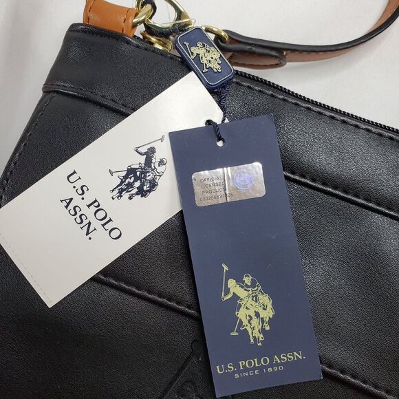 U.S. Polo Assn. Black & Tan Crossbody Bag Purse Embossed Logo & Adjustable Strap - Picture 7 of 12
